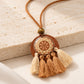 Mandala Print Copper Disc on Wood Pendant Necklace with Tassel Fringe