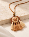 Mandala Print Copper Disc on Wood Pendant Necklace with Tassel Fringe