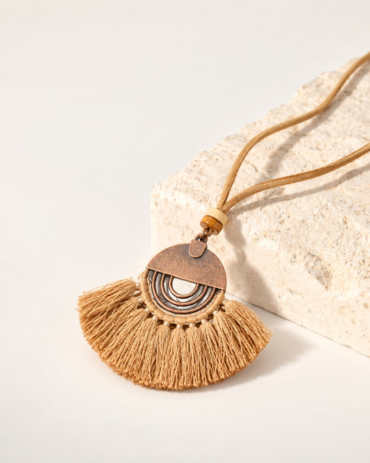 Copper Spiral Half-Circle Pendant Necklace with Camel Tassel Fan