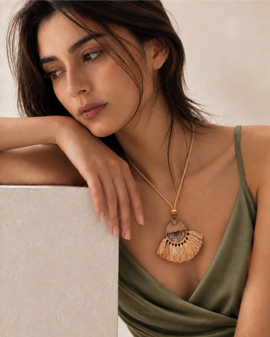 Copper Spiral Half-Circle Pendant Necklace with Camel Tassel Fan