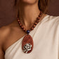 Silver Lotus Bloom Oval Rosewood Pendant Necklace with Carved Leaf Detail