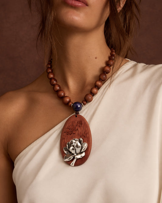 Silver Lotus Bloom Oval Rosewood Pendant Necklace with Carved Leaf Detail