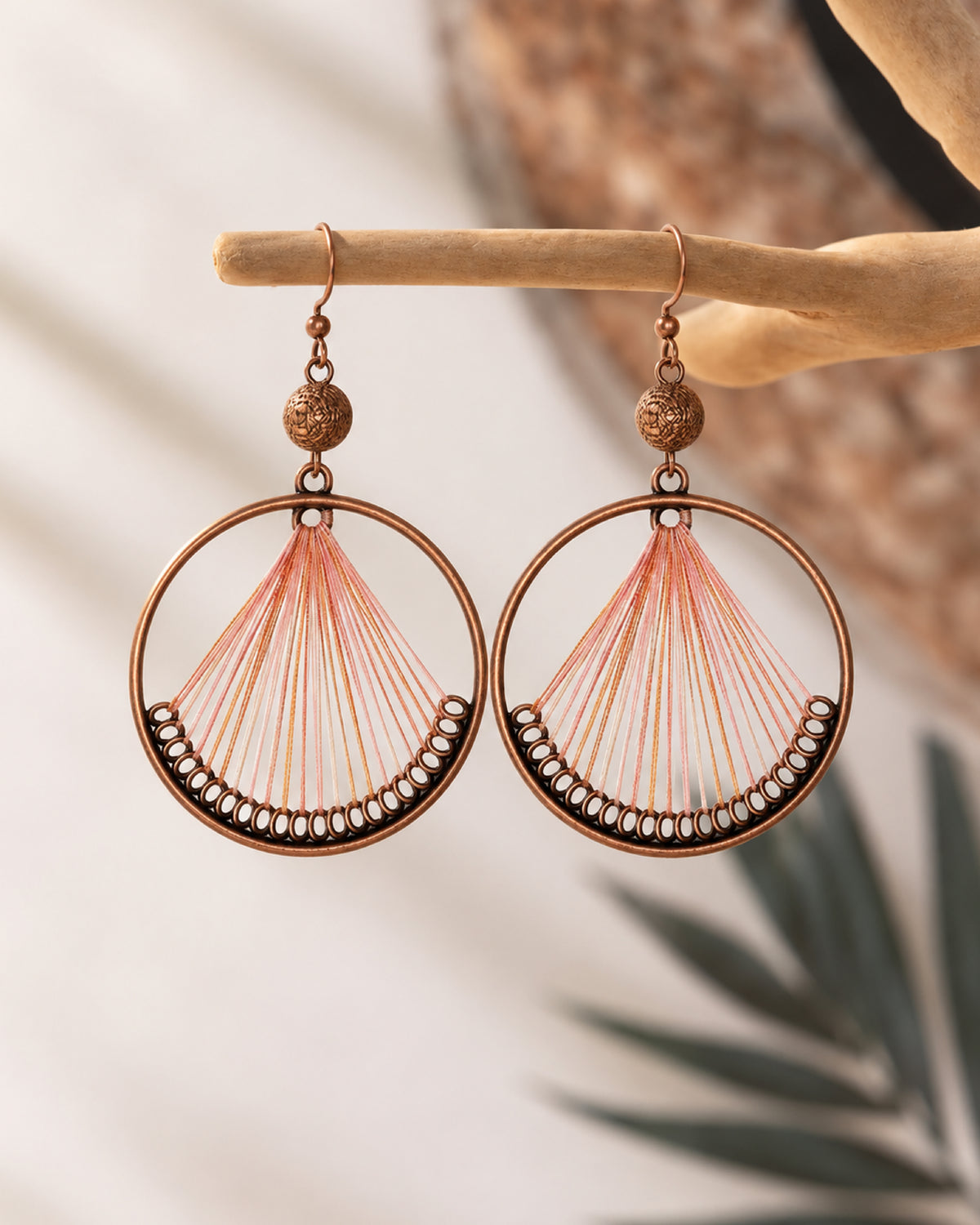 Blush Pink Thread Fan Vintage Copper Circle Earrings