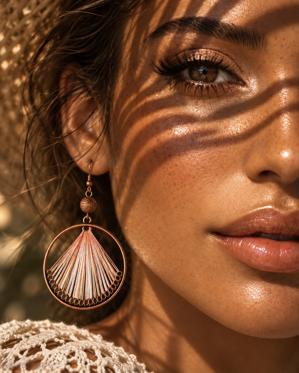 Blush Pink Thread Fan Vintage Copper Circle Earrings