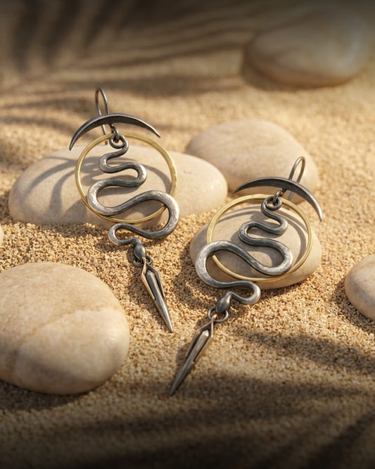 Oxidized Silver Snake Dangle Earrings with Gold Hoop & Spike Drop