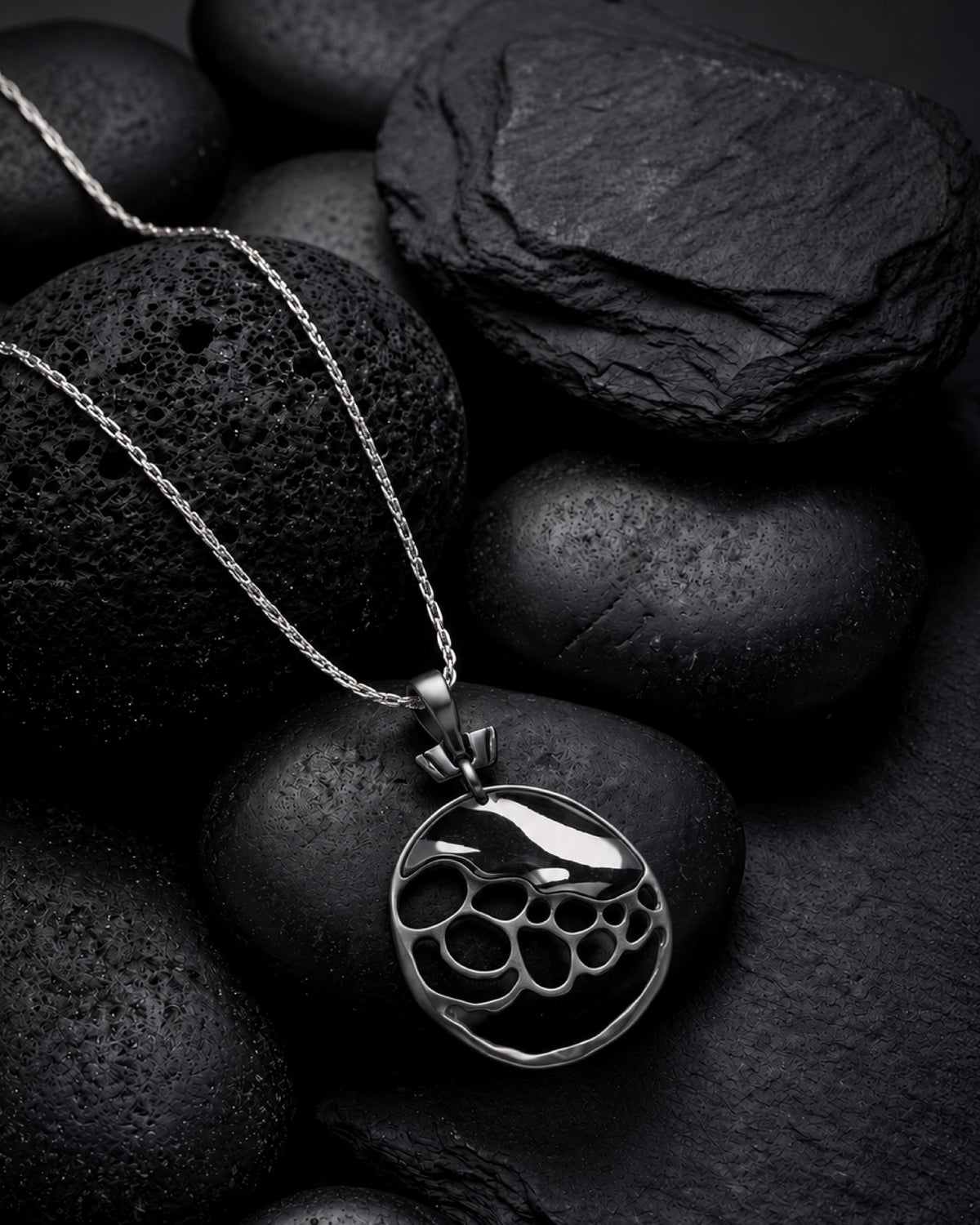 Black Bubble Cutout Oval Pendant Necklace with Silver Chain