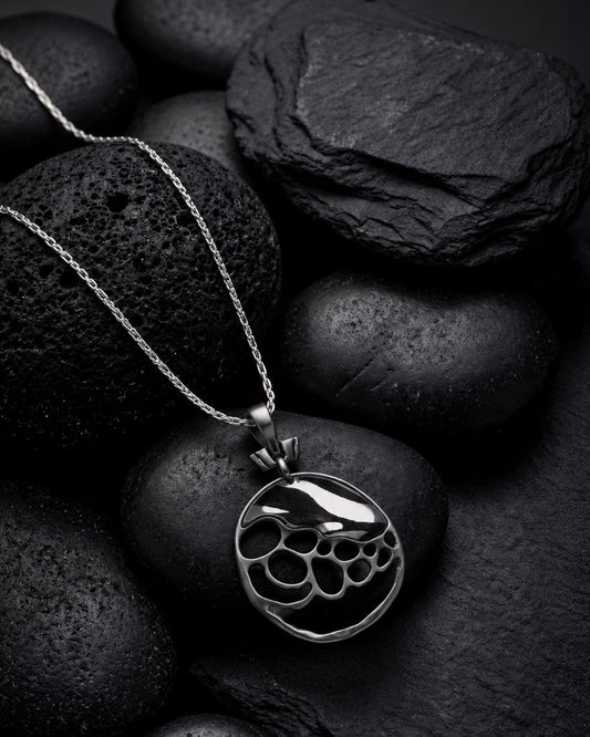Black Bubble Cutout Oval Pendant Necklace with Silver Chain