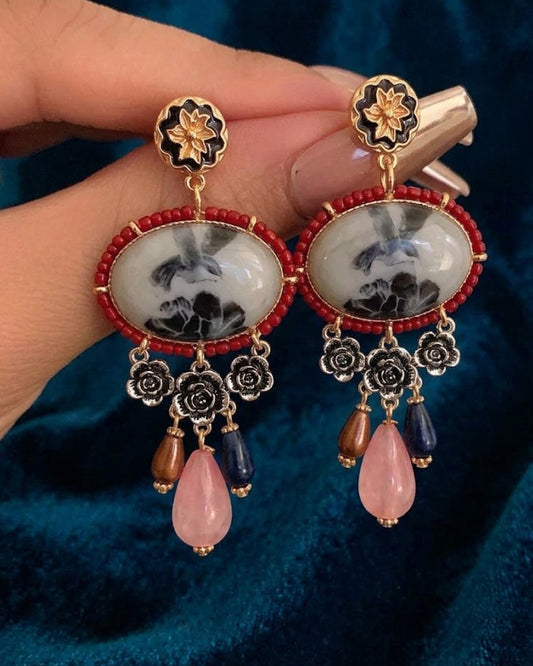 Marble Stone Oval Earrings with Red Beaded Halo, Black Roses & Teardrop Charms
