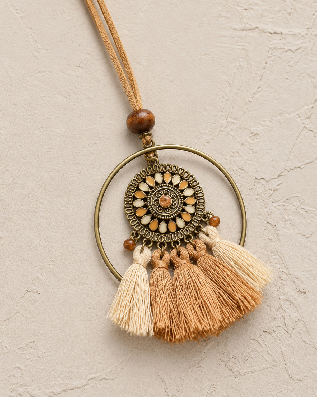 Bronze Hoop Enamel Mandala Charm Necklace with Beige Tassel Cluster