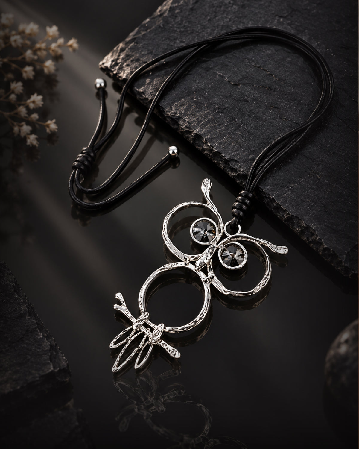 Silver Owl Pendant Necklace with Crystal Eyes on Adjustable Cord
