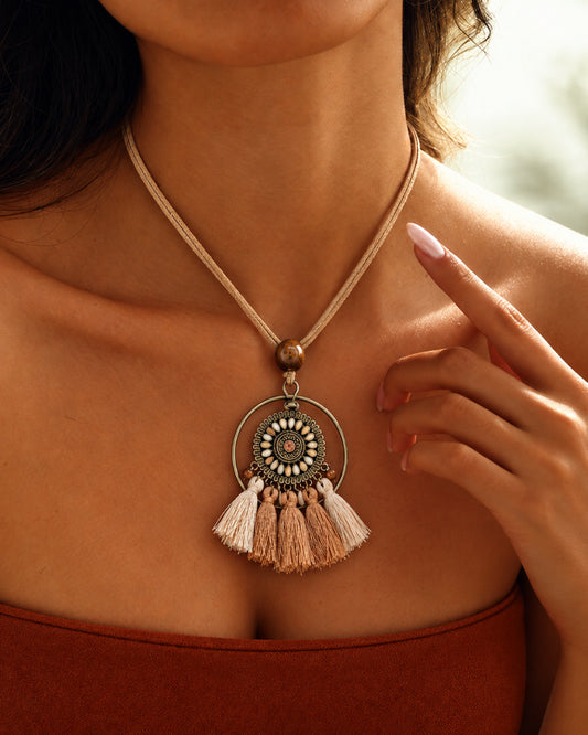 Bronze Hoop Enamel Mandala Charm Necklace with Beige Tassel Cluster