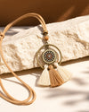 Bronze Hoop Sunflower Medallion Necklace with Cream & Camel Tassels