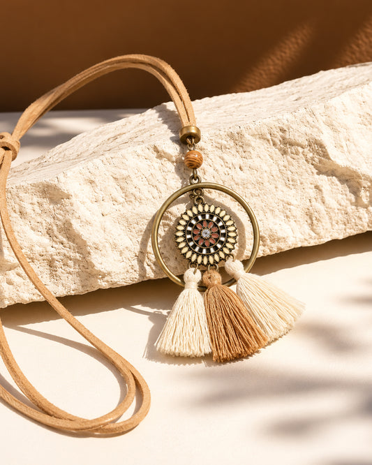 Bronze Hoop Sunflower Medallion Necklace with Cream & Camel Tassels