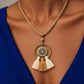 Bronze Hoop Sunflower Medallion Necklace with Cream & Camel Tassels