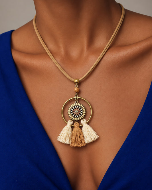 Bronze Hoop Sunflower Medallion Necklace with Cream & Camel Tassels