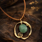 Organic Wire Circle Pendant Necklace with Green Stone on Tan Cord