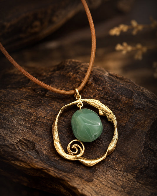 Organic Wire Circle Pendant Necklace with Green Stone on Tan Cord