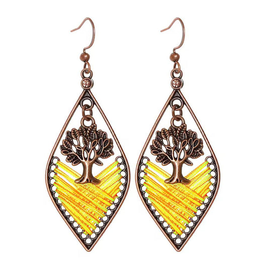 Rustic Tree of Life Sunshine Yellow Thread Woven Rhombus Earrings