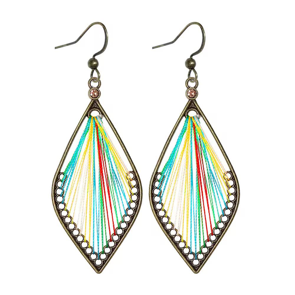 Multicolor Rainbow Thread Antique Bronze Leaf Drop Earrings