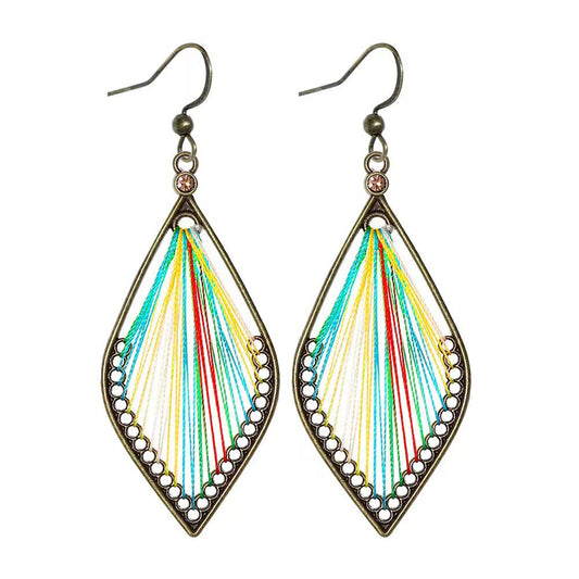 Multicolor Rainbow Thread Antique Bronze Leaf Drop Earrings