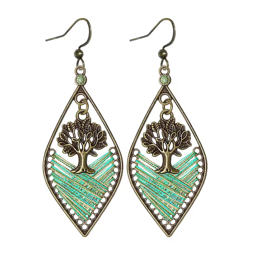 Tree of Life Mint Green Thread Woven Vintage Bronze Earrings