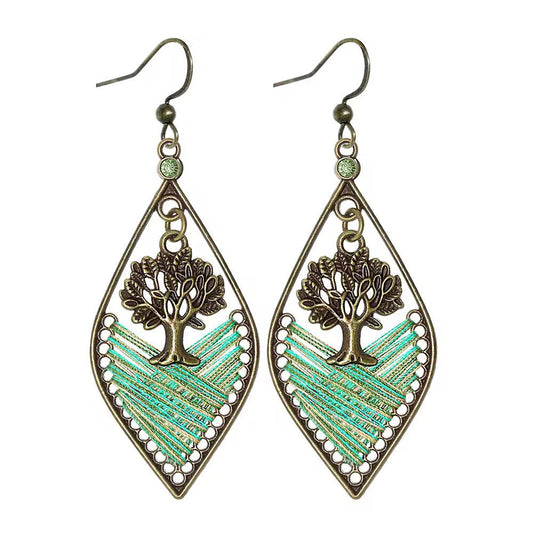 Tree of Life Mint Green Thread Woven Vintage Bronze Earrings