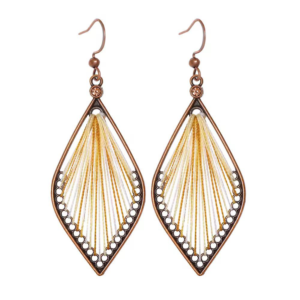Golden Cream Silk Thread Antique Copper Leaf Dangle Earrings