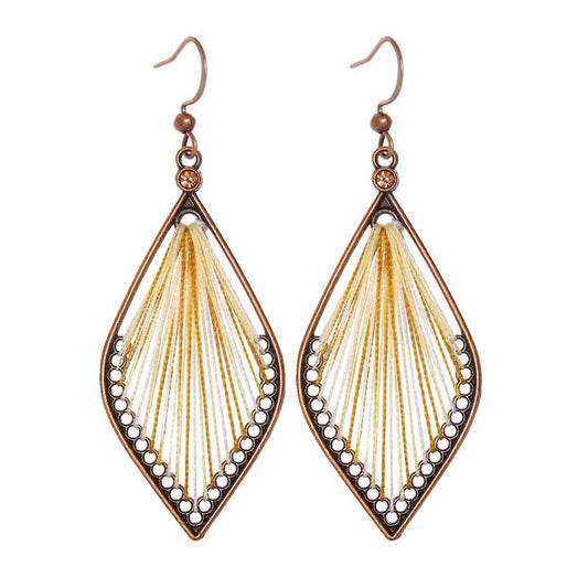 Golden Cream Silk Thread Antique Copper Leaf Dangle Earrings