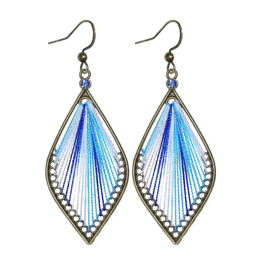 Ocean Blue Ombre Thread Bronze Leaf Drop Earrings