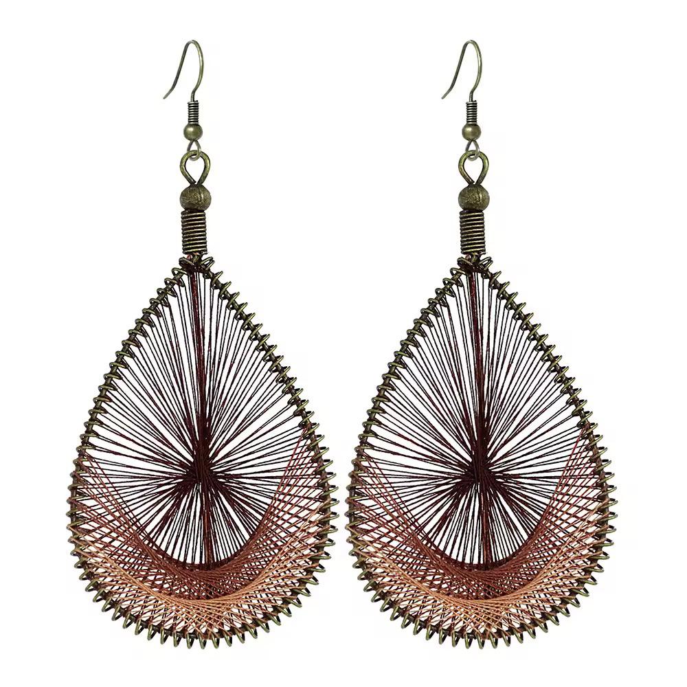 Handwoven Coffee Brown String Art Teardrop Earrings