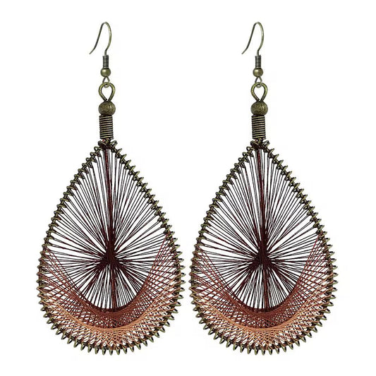 Handwoven Coffee Brown String Art Teardrop Earrings