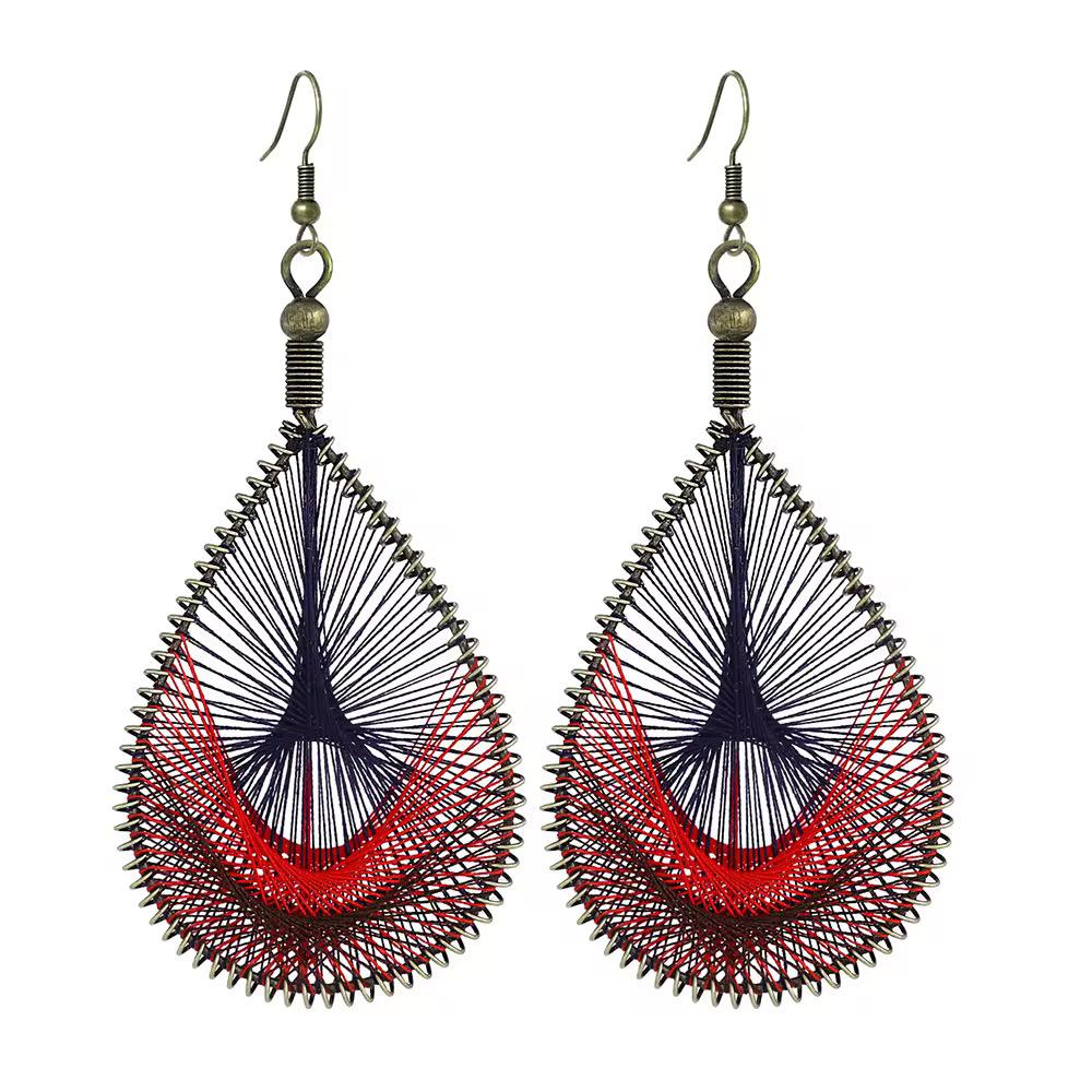 Navy & Red Peacock String Art Teardrop Dangle Earrings