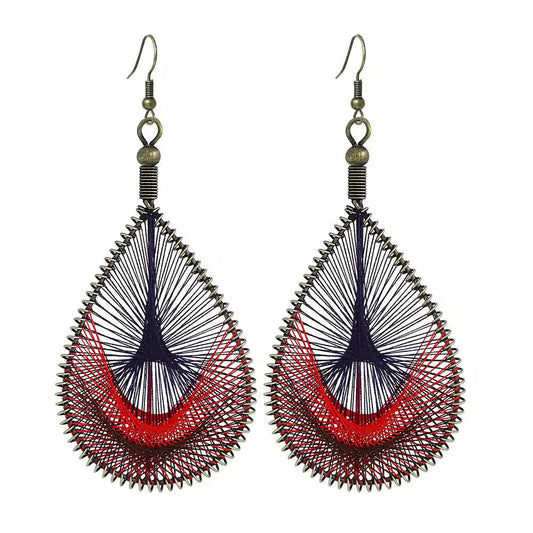 Navy & Red Peacock String Art Teardrop Dangle Earrings