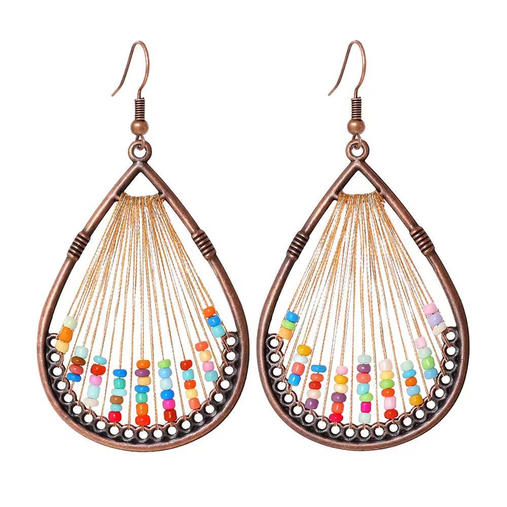 Rainbow Seed Bead Gold Thread Copper Teardrop Earrings