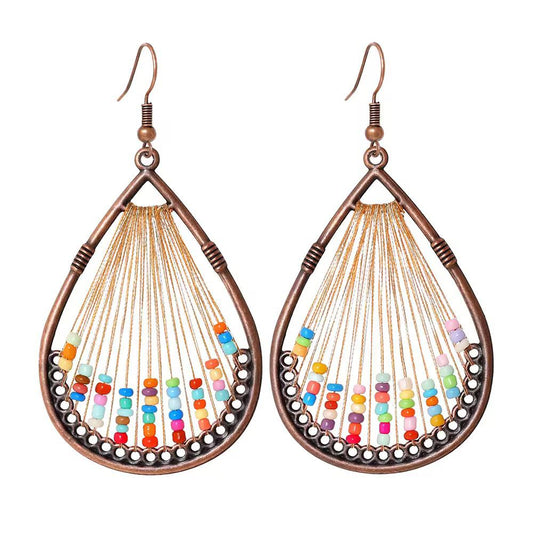 Rainbow Seed Bead Gold Thread Copper Teardrop Earrings