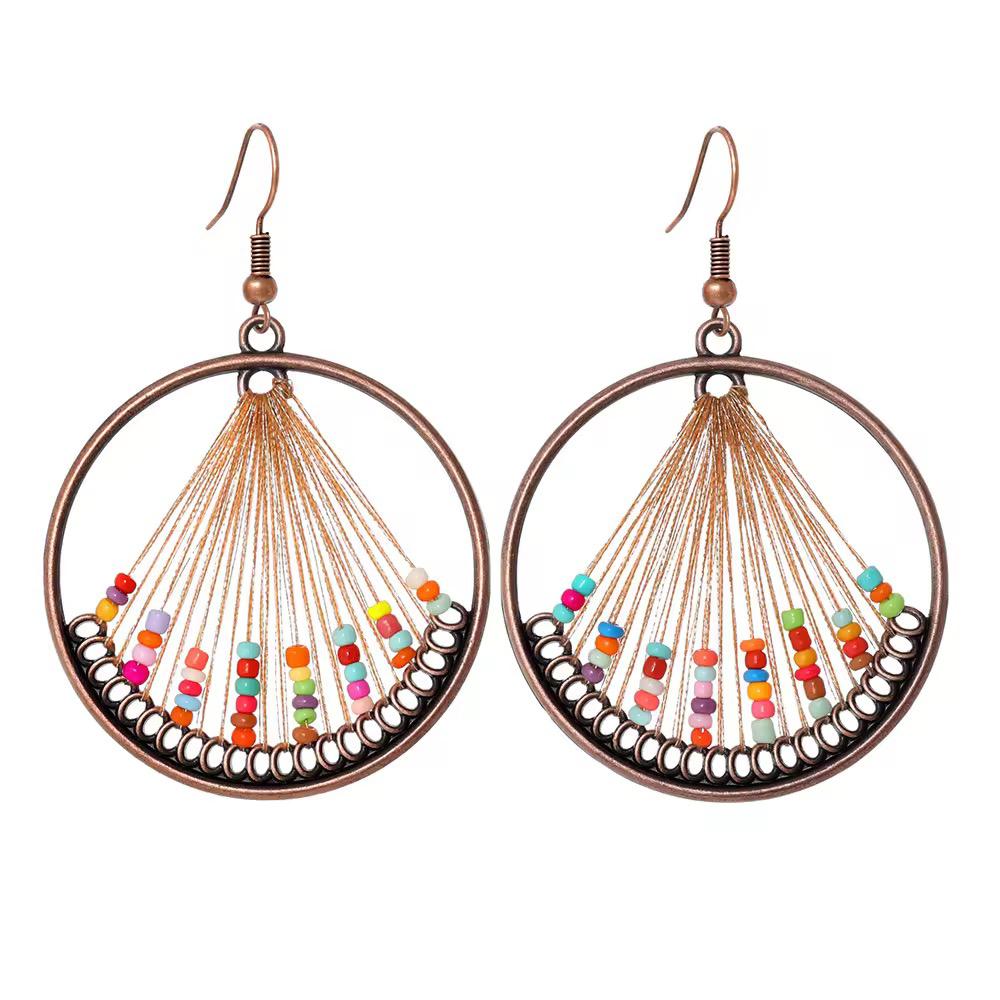 Rainbow Seed Bead Woven Copper Hoop Dangle Earrings