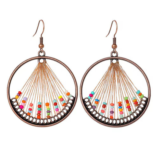 Rainbow Seed Bead Woven Copper Hoop Dangle Earrings