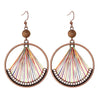 Rainbow Thread Fan Antique Copper Circle Earrings with Wooden Bead