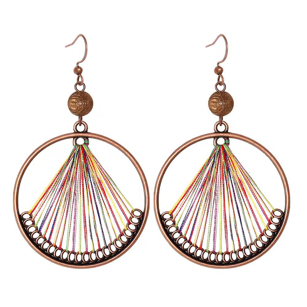 Rainbow Thread Fan Antique Copper Circle Earrings with Wooden Bead