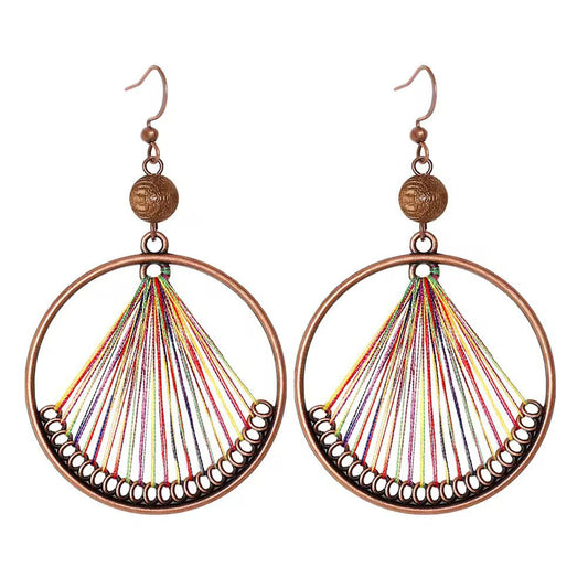 Rainbow Thread Fan Antique Copper Circle Earrings with Wooden Bead