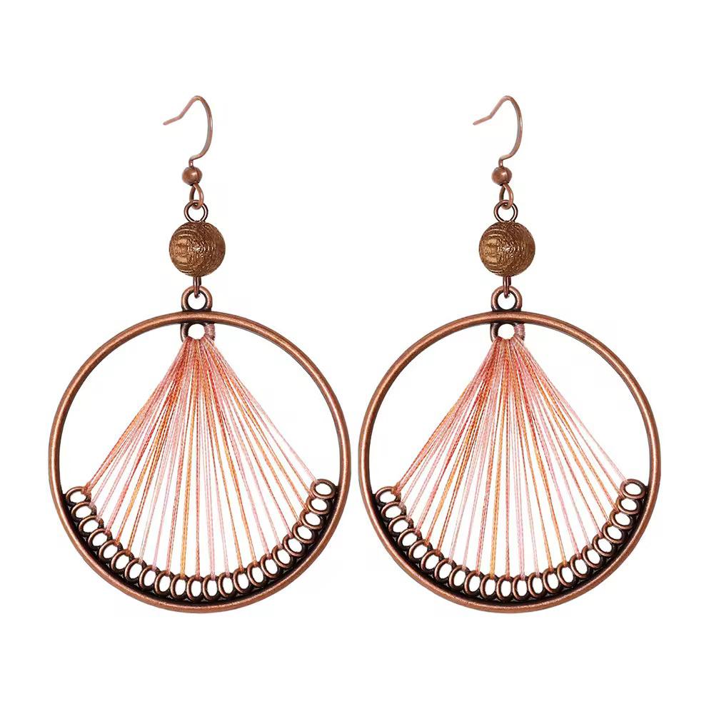 Blush Pink Thread Fan Vintage Copper Circle Earrings