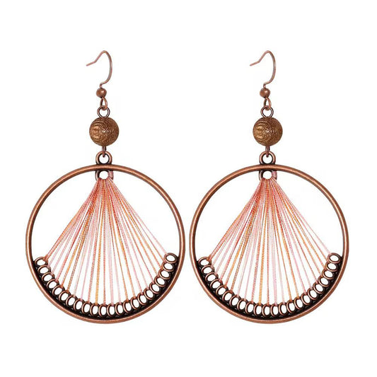 Blush Pink Thread Fan Vintage Copper Circle Earrings