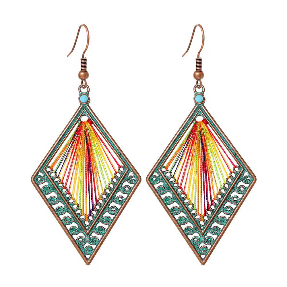 Rainbow Thread Turquoise Patina Rhombus Boho Earrings