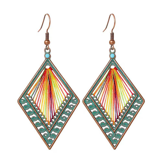 Rainbow Thread Turquoise Patina Rhombus Boho Earrings