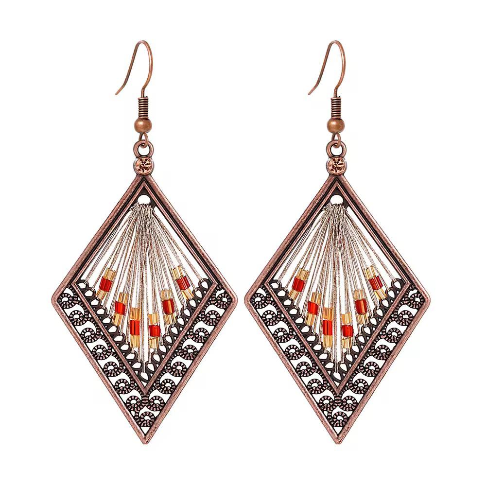 Silver Thread & Red Bead Antique Copper Rhombus Earrings