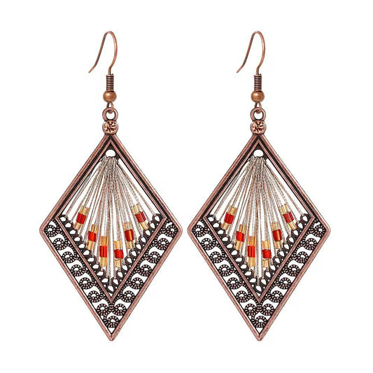 Silver Thread & Red Bead Antique Copper Rhombus Earrings