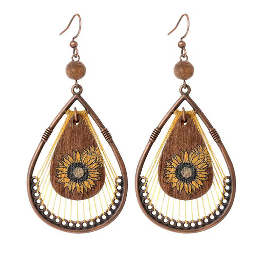 Sunflower Print Wooden Teardrop Earrings with Golden Thread