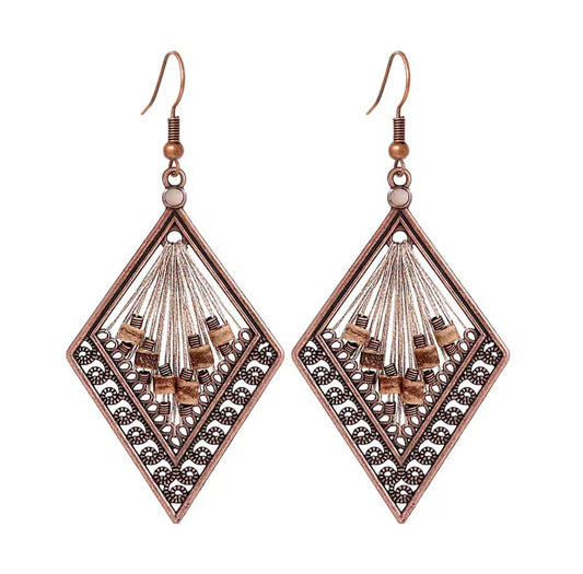 Wooden Bead Silver Thread Filigree Rhombus Earrings