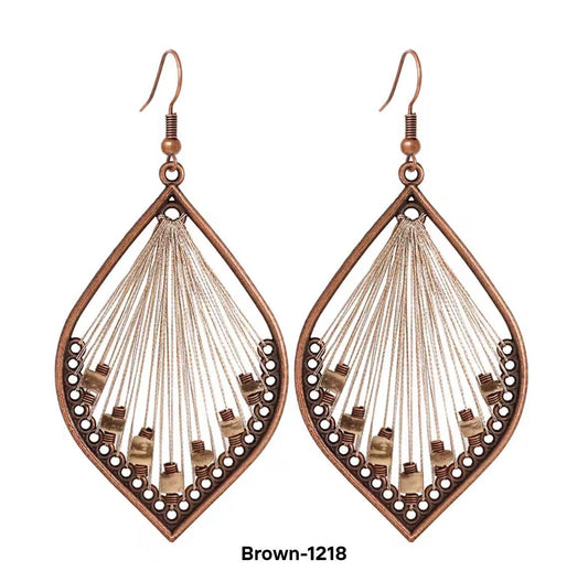Champagne Thread & Bead Antique Copper Leaf Earrings