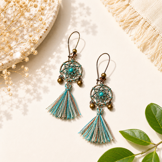 Copper Dreamcatcher Tassel Earrings